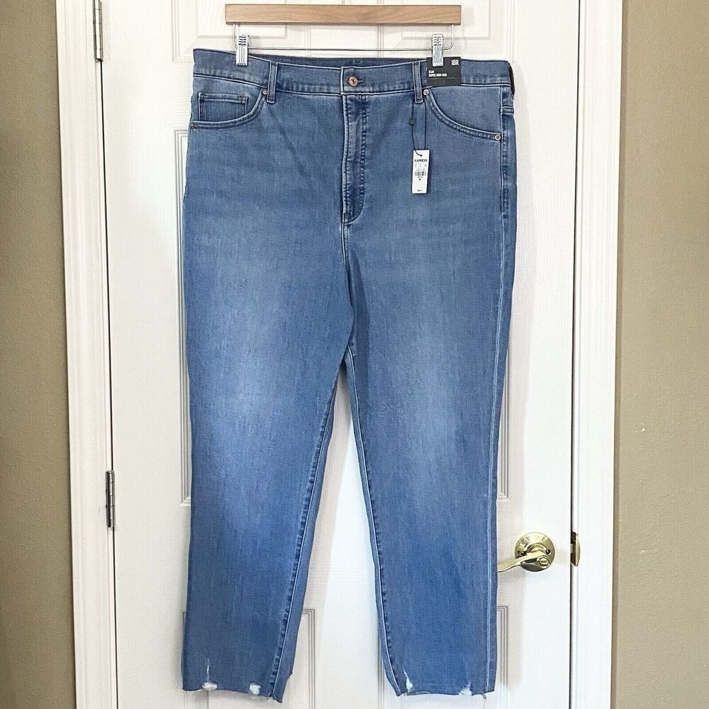 Express Womens Size 18 Slim Fit Super High Rise Blue Jeans Distressed Raw Hem